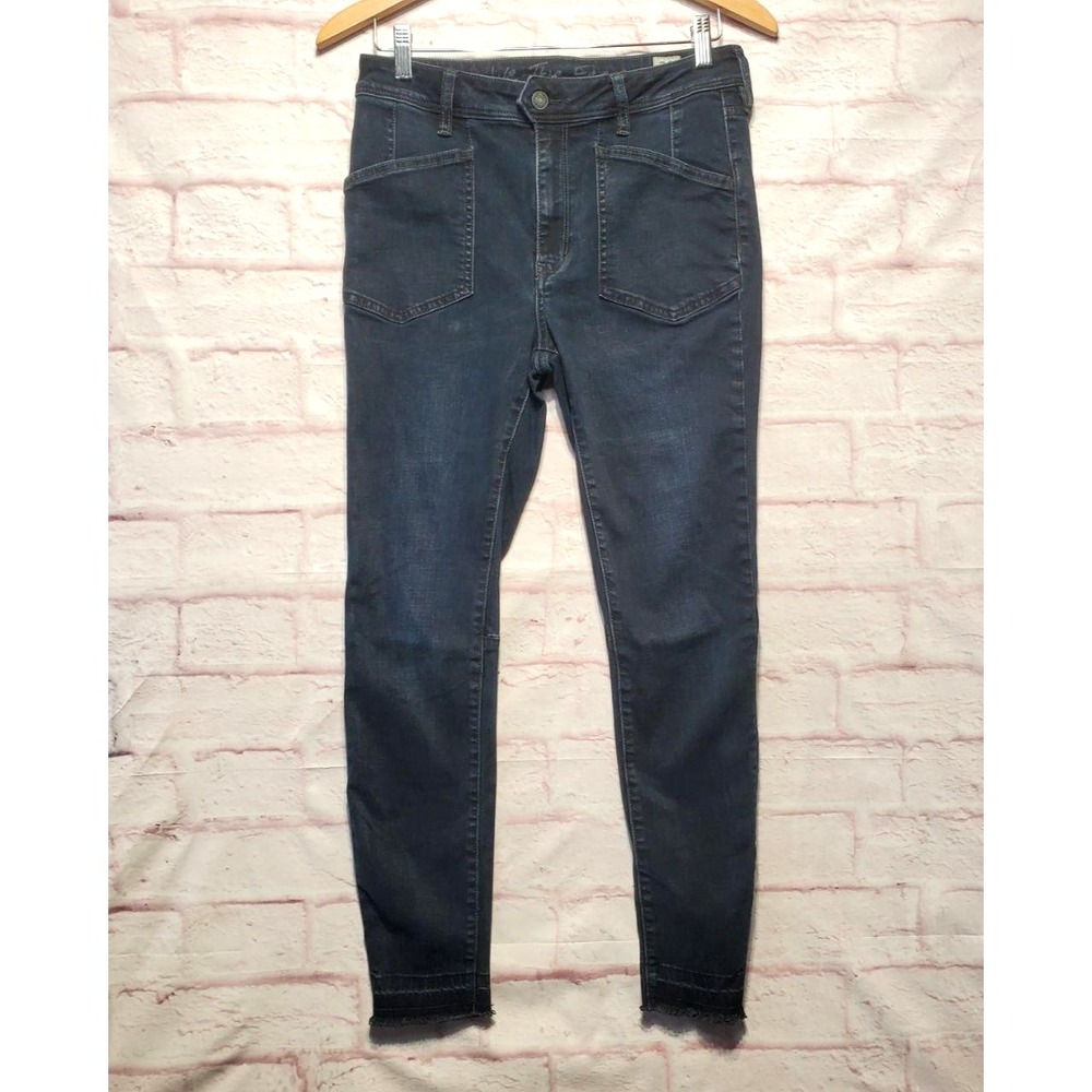 Free People We The Free Jeans Womens 30 Dark Blue Mid Rise Skinny Fringe Stretch